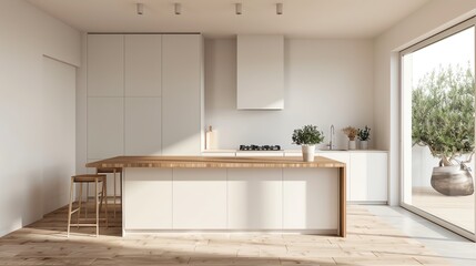 Scandinavian kitchen with a minimalist island, wooden countertops, sleek white cabinets, and natural light
