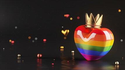 Rainbow heart with golden crown on black background. Pride celebration concept. 3D rendering LGBT rainbow flag.