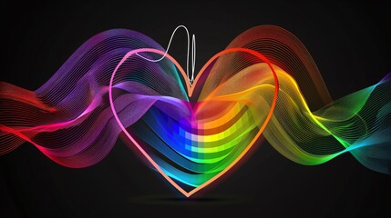 Pride Day theme rainbow heart with long wavy stripes in front on black background, vector graphic design.