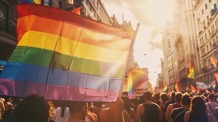 A large crowd of people holding the rainbow flag at an pride event. In front, there is a big banner with three horizontal stripes in different colors. The background features a bustling city street