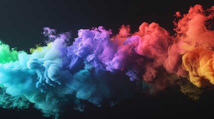 A rainbow colored cloud of smoke on a black background, with rainbow colors. A colorful 3D render in the style of illustration, with 20k resolution and sharp focus.