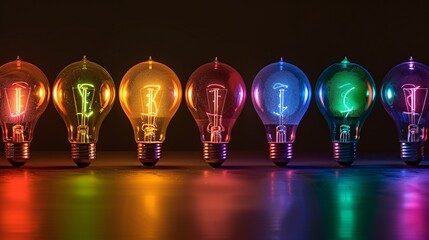 A row of light bulbs with different colors glowing in the dark, each bulb is lit up and has an electric circuit on its base, the lights glow in various rainbow hues, creating a colorful display