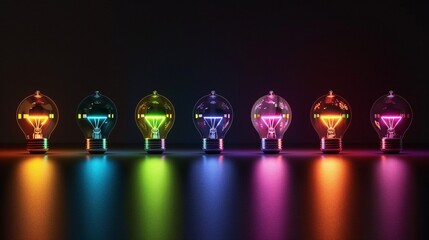 A row of light bulbs on a black background, glowing in rainbow colors. Each bulb has a different color and shape. A dark room with minimalistic, high resolution and high quality details. Soft studio