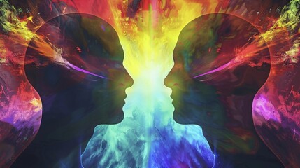 Two glowing human heads facing each other with a symmetrical background in rainbow colors. Light rays of energy and aura are flowing between the two figures in the style of an abstract expressionist