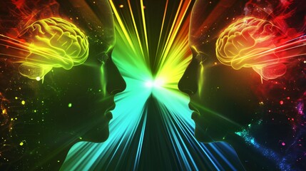 Two human heads facing each other with the glowing centers of their faces in rainbow colors, background is a dark green gradient to light blue, symmetrical design, spiritual and peaceful, radiant