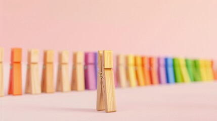 3d render of clothespin rainbow color on white background, standing out from the rest among other simple wooden clips. In front is one colorful clip with the colors of pride flag. The scene