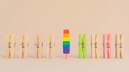 3d render of clothespin rainbow color on white background, standing out from the rest among other simple wooden clips. In front is one colorful clip with the colors of pride flag. The scene