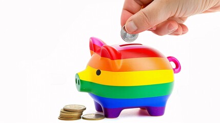 Piggy bank with rainbow stripes, on white background. Use the colors of pride flag, symbolizing diversity and freedom in spectrum . A coin is being put into pigEG forwards view, isolated on clear