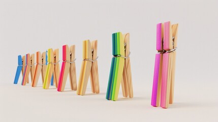 a single clothespin with rainbow stripes is standing out of the line up of many wooden clothOverall pins on white background, 3d rendering illustration, high resolution photography, high quality