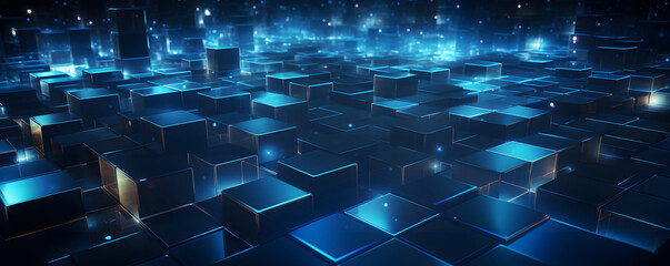 A collection of transparent glass cubes filled with aqua liquid are floating in the air against an electric blue background.