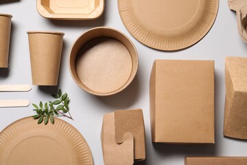 Flat lay composition with eco friendly food packagings and twig on light grey background