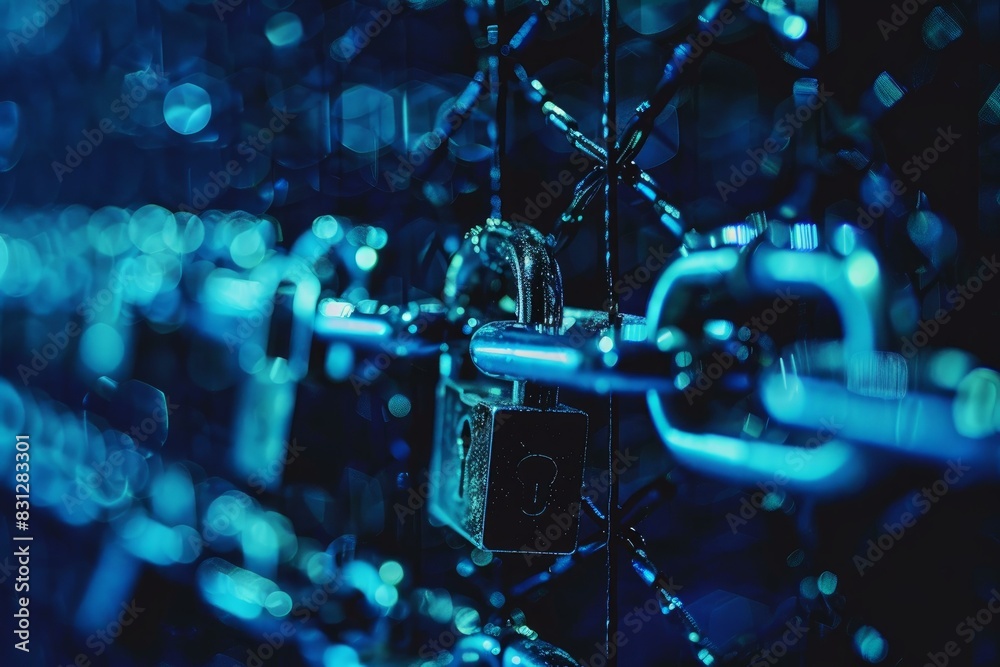 Poster closeup of a metallic padlock on illuminated chains with blue bokeh background, symbolizing data sec