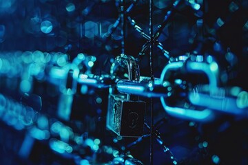 Closeup of a metallic padlock on illuminated chains with blue bokeh background, symbolizing data security