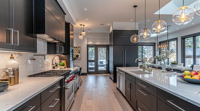 Ultra-modern open kitchen with a high-contrast theme