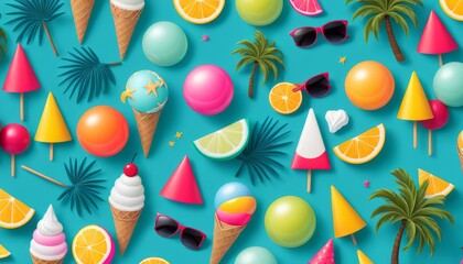 Obraz premium A bright and cheerful pattern featuring various ice cream cones, tropical fruits, and summer accessories on a vibrant blue background. Perfect for summer-themed designs and products.. AI Generation
