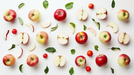 Artistic composition of fresh apples and apple slices arranged on a white background.