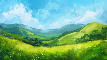 Obraz premium Vibrant digital artwork showcasing a tranquil and sunny hillside landscape