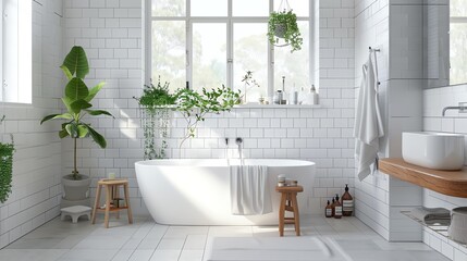 Scandinavian bathroom design with white tiles, wooden accents, minimalist fixtures, and a serene ambiance