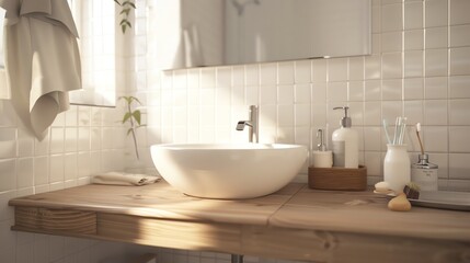 Scandinavian bathroom with a minimalist sink, white tiles, wooden accents, and clean lines