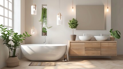 Scandinavian bathroom light design with minimalist fixtures, warm lighting, and clean lines