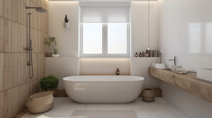 Scandinavian bathroom with clean lines, white tiles, wooden accents, and a minimalist aesthetic
