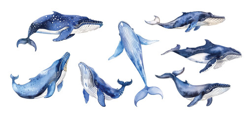 Fototapeta premium Set collection of hand drawn watercolor blue whale underwater ocean animal