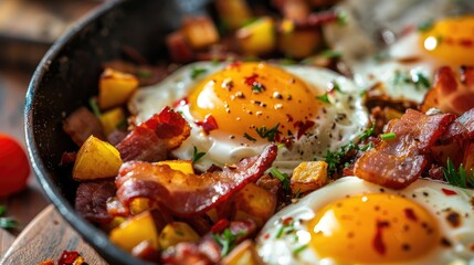 Fried eggs accompanied by bacon and corned beef hash
