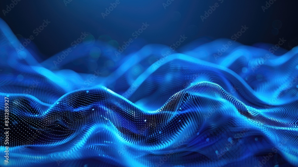 Poster abstract blue background with dynamic and flowing particle curves, creating a modern and futuristic 