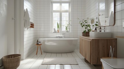 Obraz premium Scandinavian bathroom with white tiles, wooden accents, minimalist fixtures, and a serene ambiance