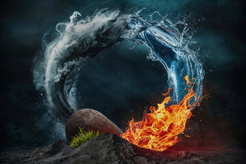 The four elements of nature in a breathtaking creative design. All four elements forming a circular shape. Earth, wind, fire, air, water. Dramatic dark background emphasizing the elements in the cente