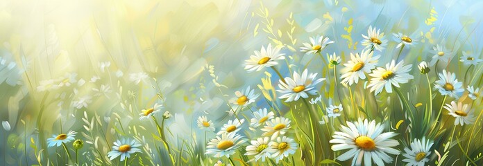 Beautiful spring meadow with white daisies and sunlight, banner background. Spring landscape with camomiles in grass on a sunny day