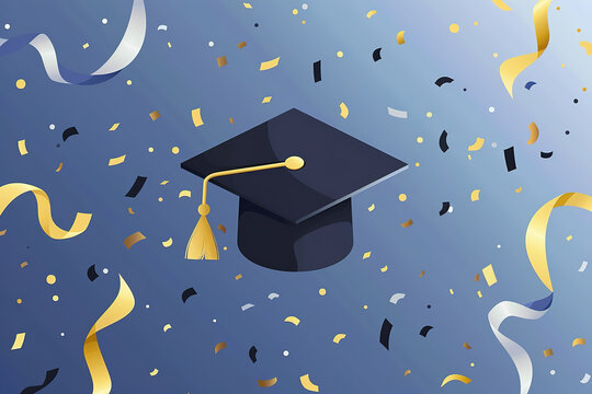 University degree hats and fireworks on a flat and solid color background - Celebrating graduation concepts