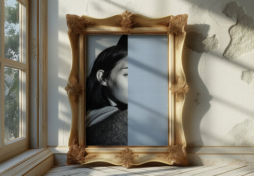 Thick Decorative Frame Mockup Next To Window With Generative ai