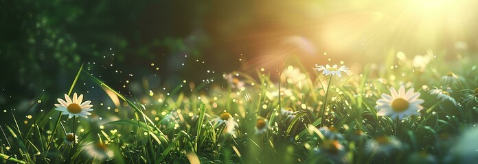 Beautiful spring meadow with white daisies and sunlight, banner background. Spring landscape with camomiles in grass on a sunny day