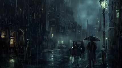 Obraz premium Solitary Silhouette Amid the Rainy City Nightscape