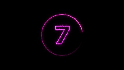 Abstract glowing neon text 7 number countdown timer illustration background.