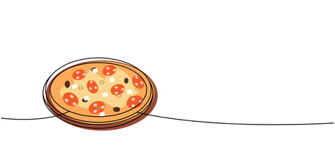 Traditional pizza on a wooden board one line colored continuous drawing. Traditional italian fast food continuous one line illustration.