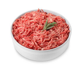 Raw ground meat and rosemary in bowl isolated on white