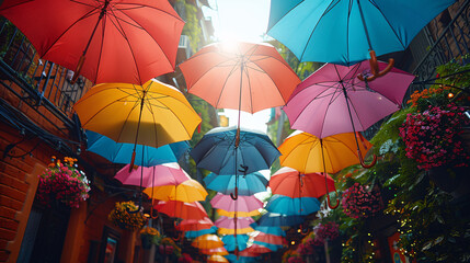 Multiple umbrellas in different colors and sizes overhead, creating a colorful ceiling