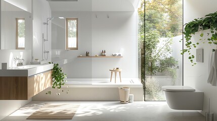 Scandinavian shared bathroom with minimalist vanity, white walls, wooden elements, and bright lighting