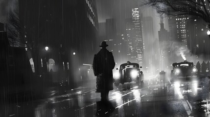 Solitary Figure Navigates the Glistening Streets of a Moody City Nightscape