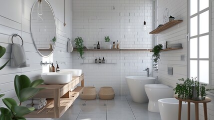 Scandinavian shared bathroom with clean white tiles, wooden accents, minimalist fixtures, and natural light