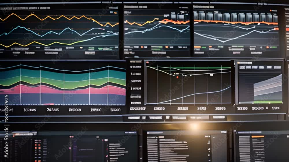 Poster multiple financial screens displayed on computer monitor generative ai