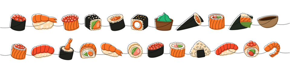 Sushi and rolls set. Japanese traditional food one line drawing. Ikura sushi, tobiko maki, philadelphia roll, onigiri, shrimp nigiri, tekkamaki tuna