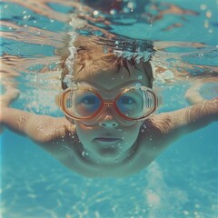 Naklejka premium The child is having fun, swimming, diving in the pool with safety glasses. Entertainment during the summer holidays.