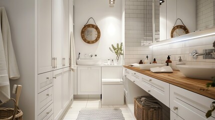 Scandinavian shared bathroom with white cabinetry, wooden countertops, simple decor, and ample storage