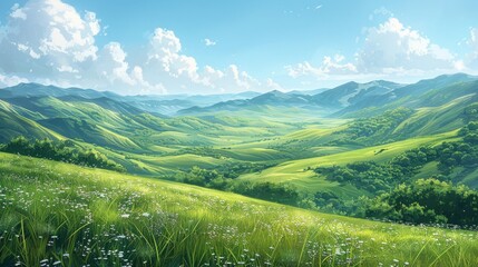 Obraz premium Serene digital illustration of a lush green valley with rolling hills under a clear sky