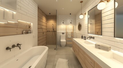 Scandinavian shared bathroom with sleek design, white walls, natural elements, and bright lighting