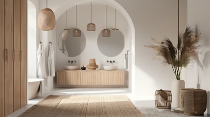 Scandinavian shared bathroom with minimalist vanity, white walls, wooden elements, and bright lighting
