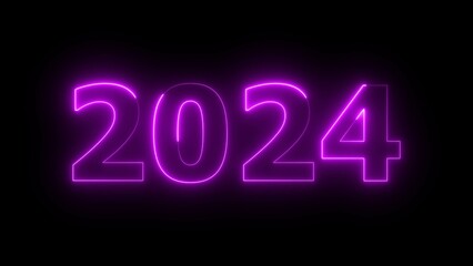 2024 number neon text background, Glowing neon sign in purple colors digit number.